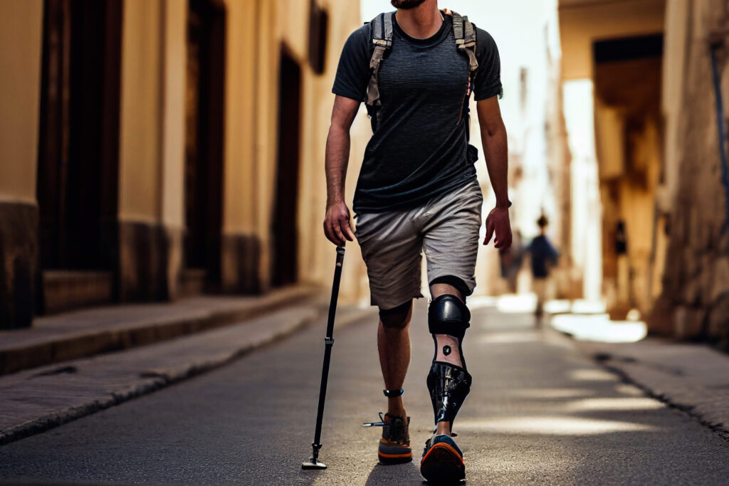 Disabled young man with foot prosthesis walks along the street